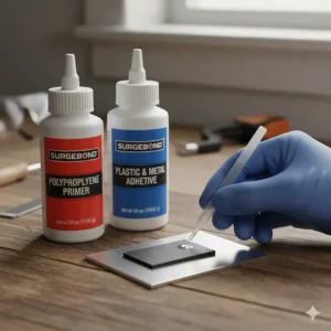 Specialized primer and glue kit designed specifically for bonding difficult materials like polypropylene plastic and metal.