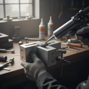 An illustration of two aluminum pieces being structurally bonded together with a strong, industrial-grade epoxy.