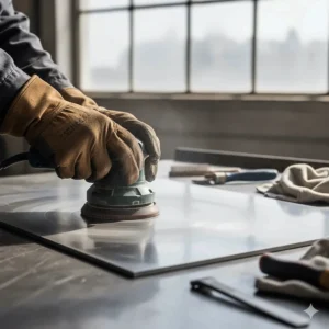 Sanding a metal surface to properly prepare it for applying epoxy to glue metal and achieve a stronger bond.