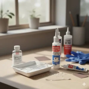 A selection of tools and materials needed for a DIY best glue for ceramic repair kit, including safety gloves and mixing sticks.