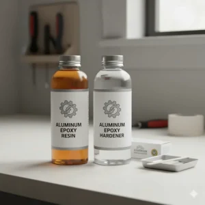 A two-part aluminum epoxy kit with resin and hardener containers, ready for mixing and application.