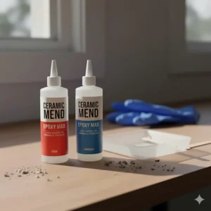 A clear shot of a two-part epoxy kit, a strong choice for ceramic repair and maximum bonding strength.