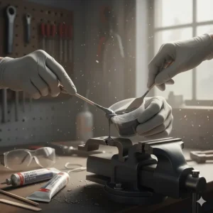 Applying a two-part epoxy, a strong metal adhesive, to repair a fractured iron bracket.