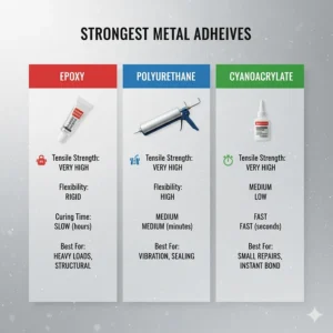 Chart comparing the tensile strength and curing time of different types of metal-to-metal glue.