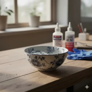 A repaired ceramic bowl successfully holding water, demonstrating a waterproof result from the best glue application.