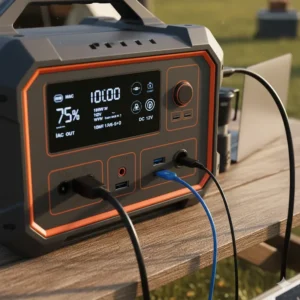 Close-up view of the multiple output ports on the 1000 watt solar generator, including AC outlets, USB-C, and DC ports for charging various devices.