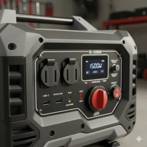 Close-up view of the control panel on a 1500W generator, showing the available AC and USB outlets.