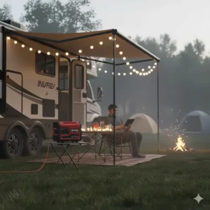 A small 2000 watt generator providing reliable power for lights and devices at a campsite next to an RV.