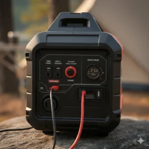 Close-up view of the 2500 watt generator control panel, showing the outlets, circuit breakers, and engine switch.