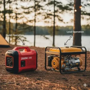 Side-by-side view comparing a quiet 2500 watt inverter generator with a conventional open-frame generator model.