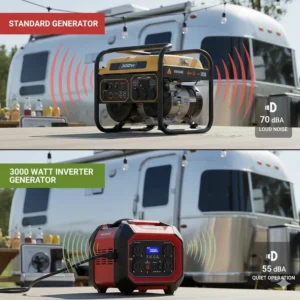 Chart comparing the quiet 58 dBA noise level of a 3000 watt inverter generator to a traditional open-frame generator.