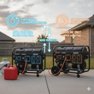 Side-by-side comparison illustrating the benefits of a dual fuel 3500-watt generator versus a standard gasoline model.