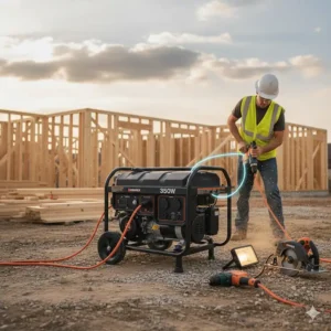 Durable 3500-watt generator providing essential power for construction tools and equipment on a busy job site.