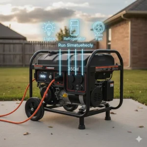 Diagram showing the typical power capacity of a 3500-watt generator and which essential home appliances it can run simultaneously.