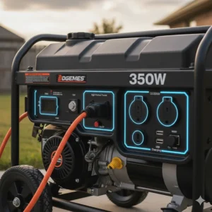 Close-up of the control panel on a 3500W generator, showing the various power outlets and safety features.