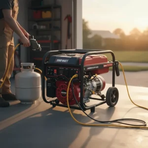 Side view of a reliable 3600-watt dual fuel generator with a large capacity tank for extended run time.