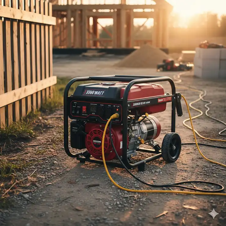 A powerful 3600-watt portable generator ready for use on a construction site or during a power outage. 3600 watt generator