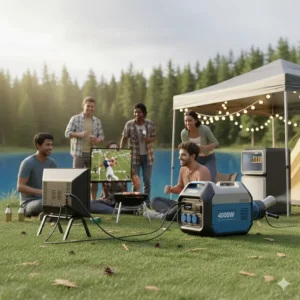 4000 watt generator set up at a tailgate party or campsite, powering a small TV, lights, and a mini-fridge.