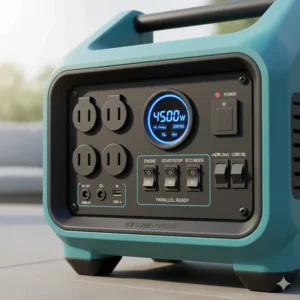 Close-up illustration of the control panel on a 4500-watt inverter generator, highlighting the outlets, circuit breakers, and display screen.