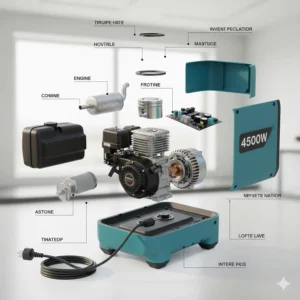 Exploded view or cross-section illustration of the engine components of a quiet, fuel-efficient 4500-watt inverter generator.
