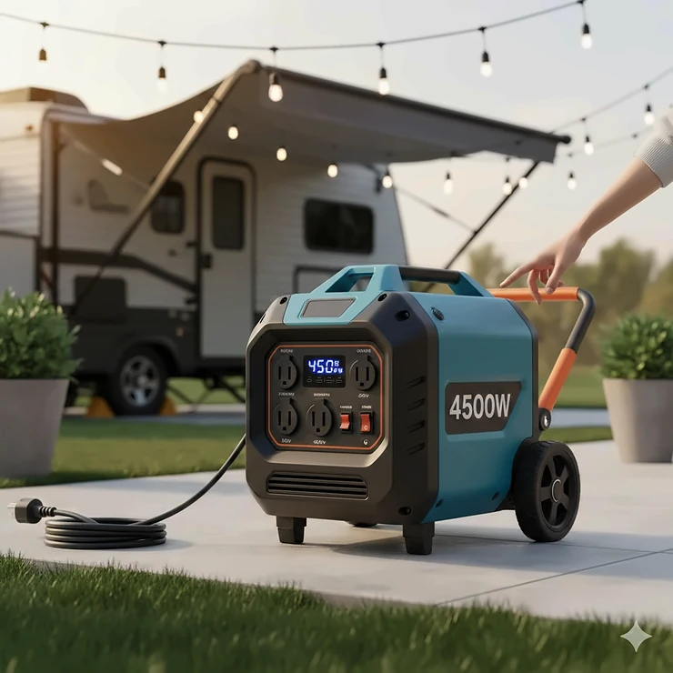 Featured image of a 4500-watt inverter generator with a clear control panel, showing its compact size and portability for RV and home backup use. 4500 watt inverter generator