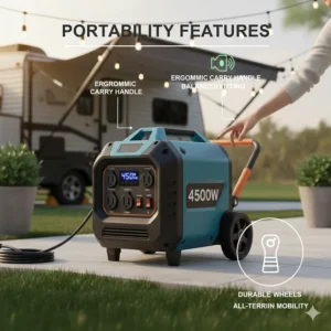 Illustration focusing on the portability features of the 4500-watt model, such as the built-in telescoping handle and durable wheels for easy transport.