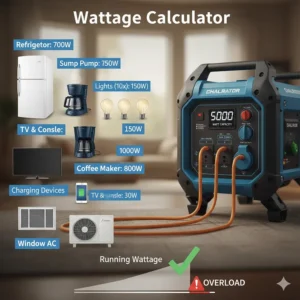 A diagram showing what appliances a 5000 watt generator can run simultaneously, including a fridge, lights, and sump pump.