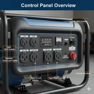 Detailed illustration of a 5000 watt generator control panel highlighting the 120V and 240V outlets.
