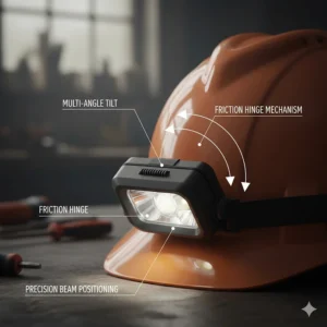 Close-up graphic showing the multi-angle tilting head of a hard hat lamp for precise beam positioning.