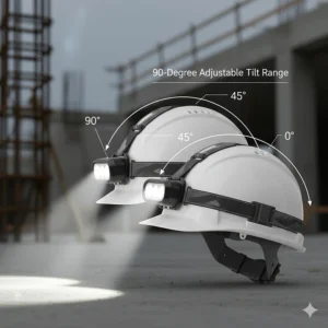 Side view illustration of a hard hat light with a 90-degree tilting head for precise light positioning.