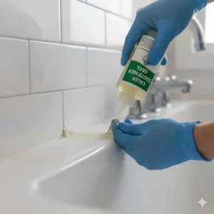 Applying a chemical caulk remover gel to old sealant to make the removal process easier.