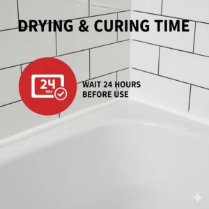 A graphic representation showing the necessary 24-hour drying and curing time for waterproof bathtub caulk before using the shower.