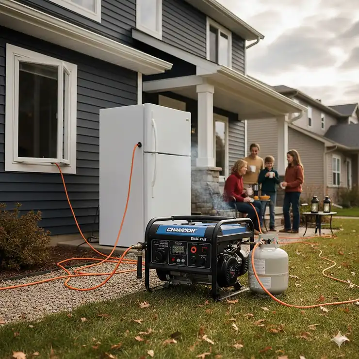 A portable 5000 watt generator powering a residential home during a power outage with heavy-duty power cords connected.