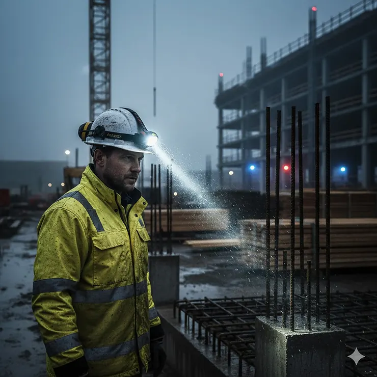 A construction worker wearing a white safety hard hat with a high-lumens LED headlamp attached, illuminating a dim workspace. hard hat headlamp