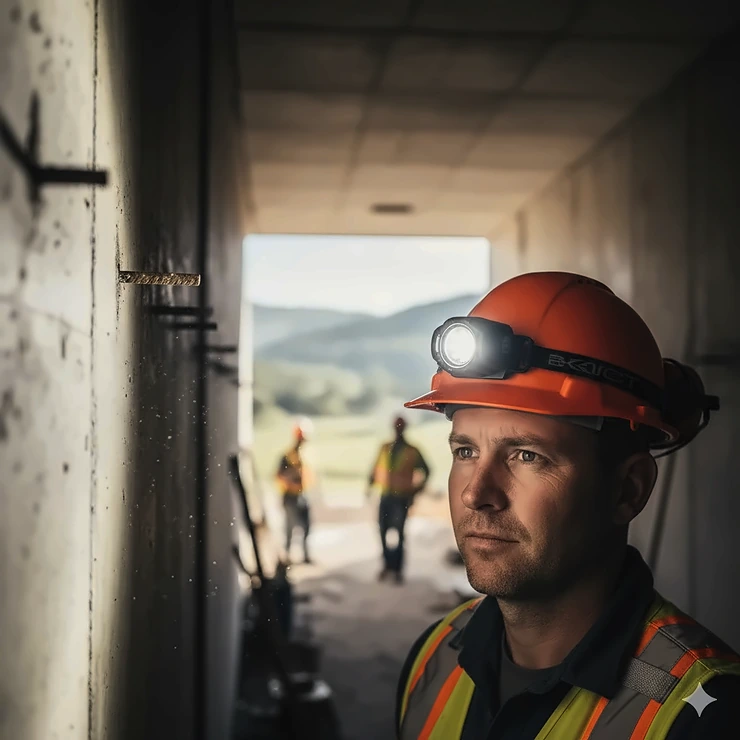 A professional construction worker wearing a safety helmet equipped with a high-lumen hard hat light in a dark workspace.