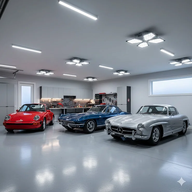 A brightly lit three-car garage featuring the best LED garage lights installed on the ceiling for maximum visibility.