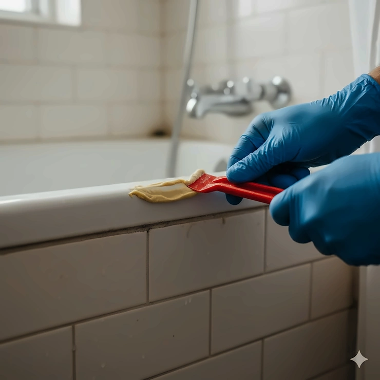 A homeowner using a caulk removal tool to cleanly strip old silicone from a bathtub joint. best way to remove bathtub caulk
