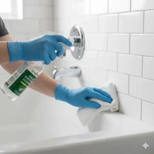 Wiping down the empty bathtub joint with denatured alcohol to ensure a clean surface for new caulk.