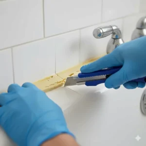 Using a sharp utility knife to slice through the top and bottom edges of old bathtub caulk.