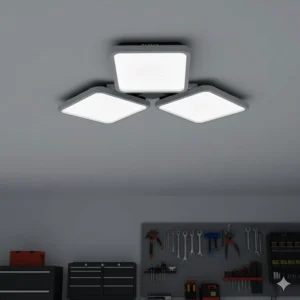 Adjustable three-panel deformable LED garage light showing how the panels tilt to direct light into corners.