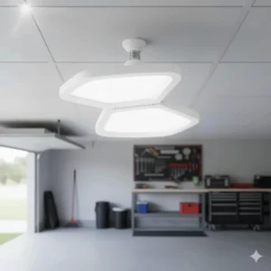 Three-leaf adjustable LED garage ceiling light in a standard E26 socket.