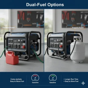 Comparison illustration showing a 5000 watt generator running on gasoline versus liquid propane tanks.