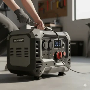 Hand pulling the recoil start cord on the 1500W generator for an easy and quick start-up.