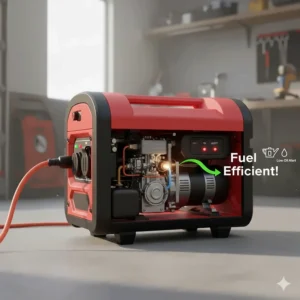 Illustration highlighting the fuel efficiency and low oil alert of a typical 2000 watt generator four-stroke engine.