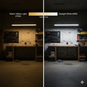 An illustration showing the difference between warm yellow light and 6000K daylight white LED garage lights.