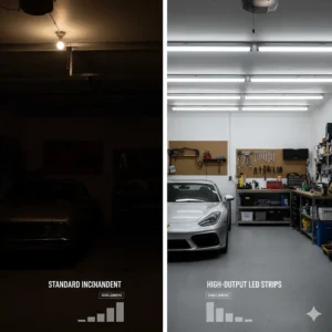 A side-by-side comparison showing a garage lit by standard bulbs versus high-output LED garage light strips.
