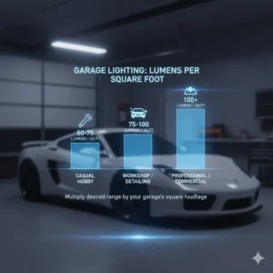 Chart showing recommended lumens for garage ceiling lights based on square footage.