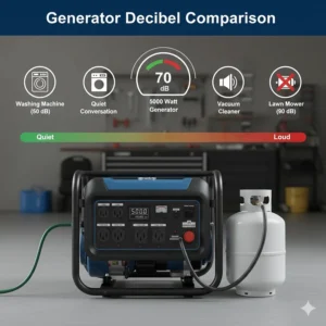 A scale comparing the noise level of a 5000 watt generator to common household sounds like a vacuum or lawnmower.