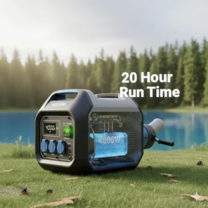 Illustration of the generator's fuel tank and a gauge highlighting the long run time achievable on a single tank of gas.