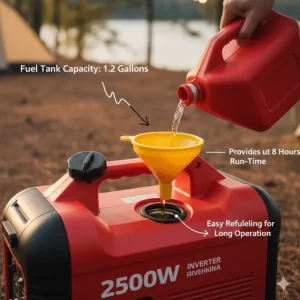 Detailed shot of the 2500 watt generator's fuel tank and cap, highlighting the long run-time capabilities on a full tank.